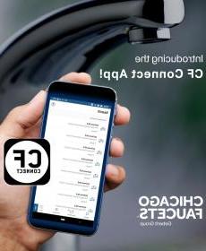 Hand holding a phone with CF Connect app in front of HyTronic faucet
